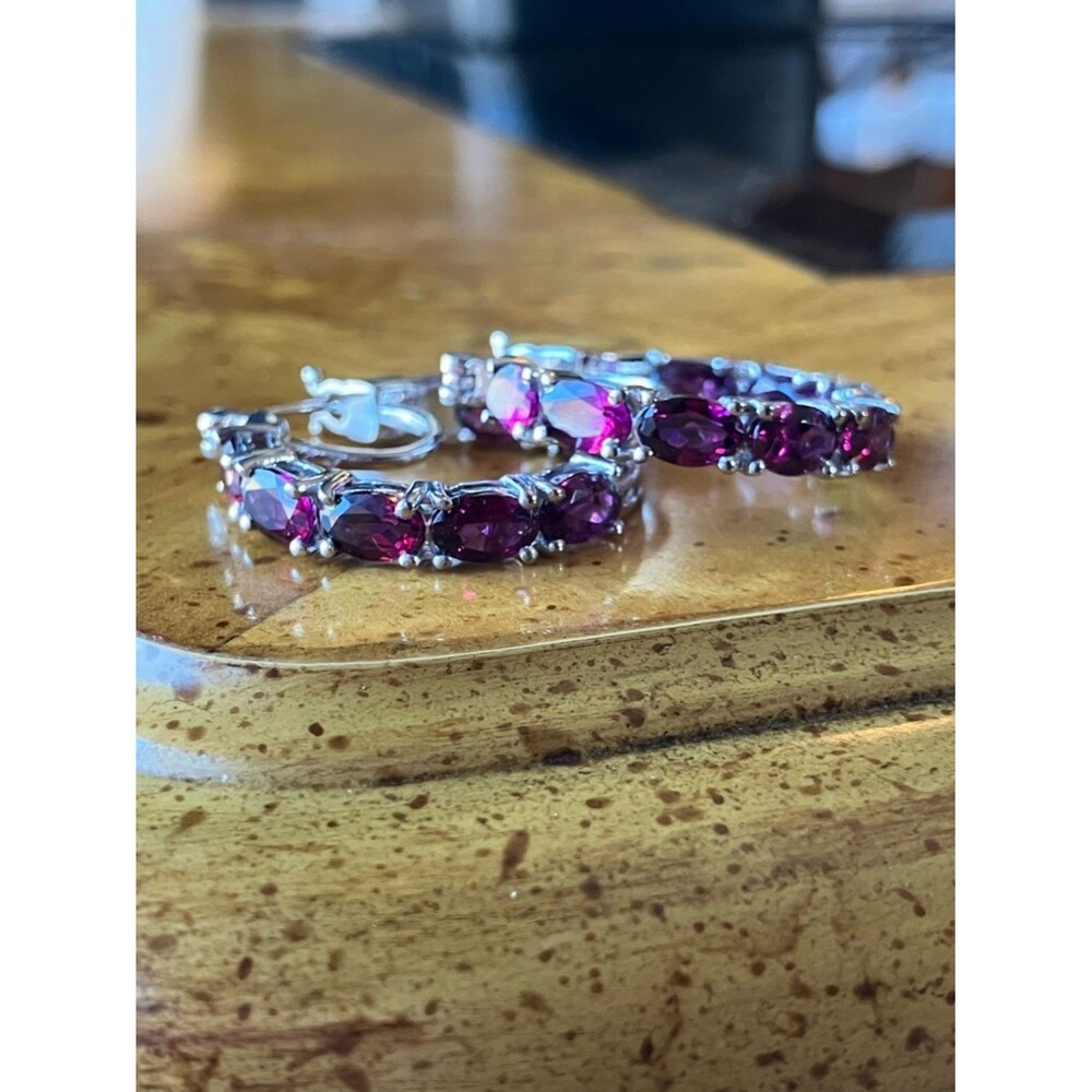 Natural Rhodolite Garnet Sterling Silver Hoop Earrings